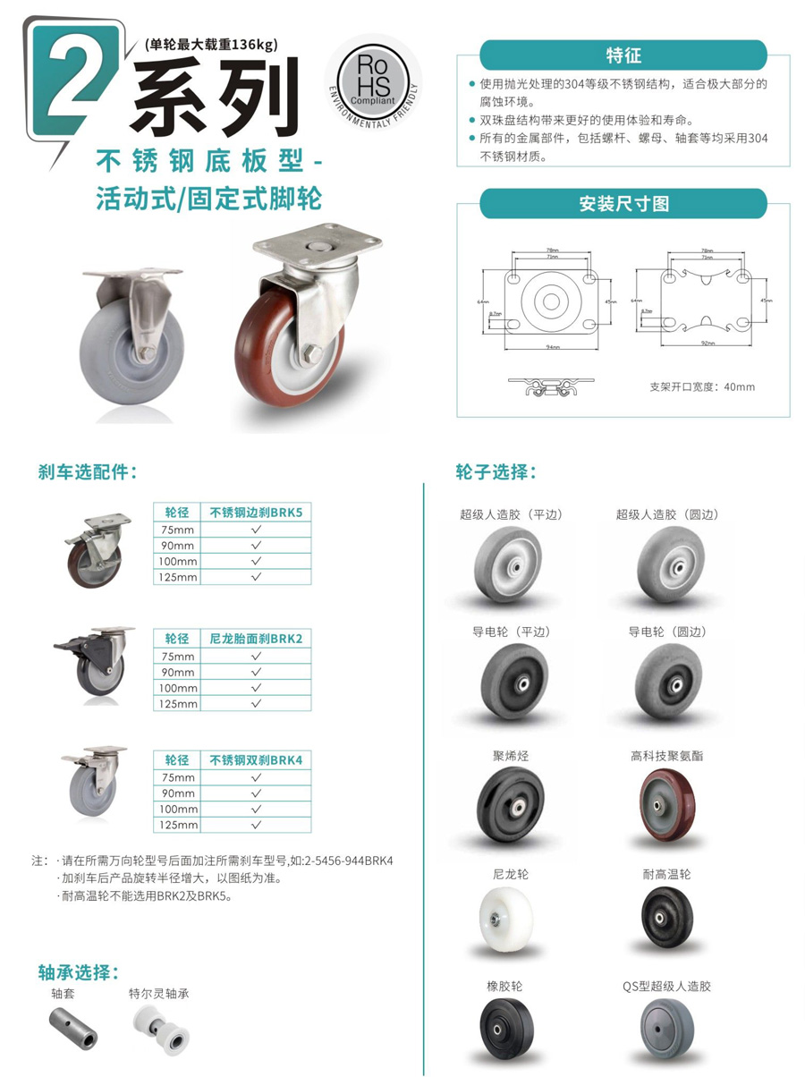 不锈钢底板型活动式脚轮
