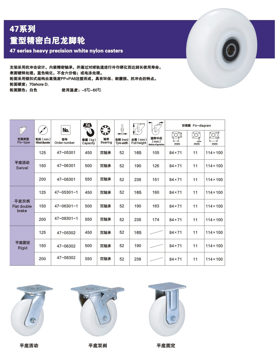 重型精密白尼龙脚轮
