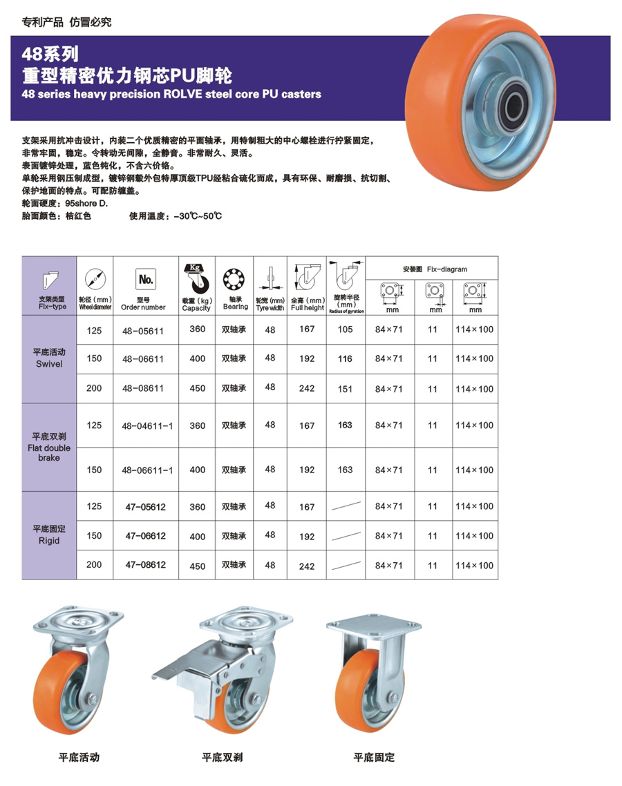 重型精密优力钢芯PU脚轮