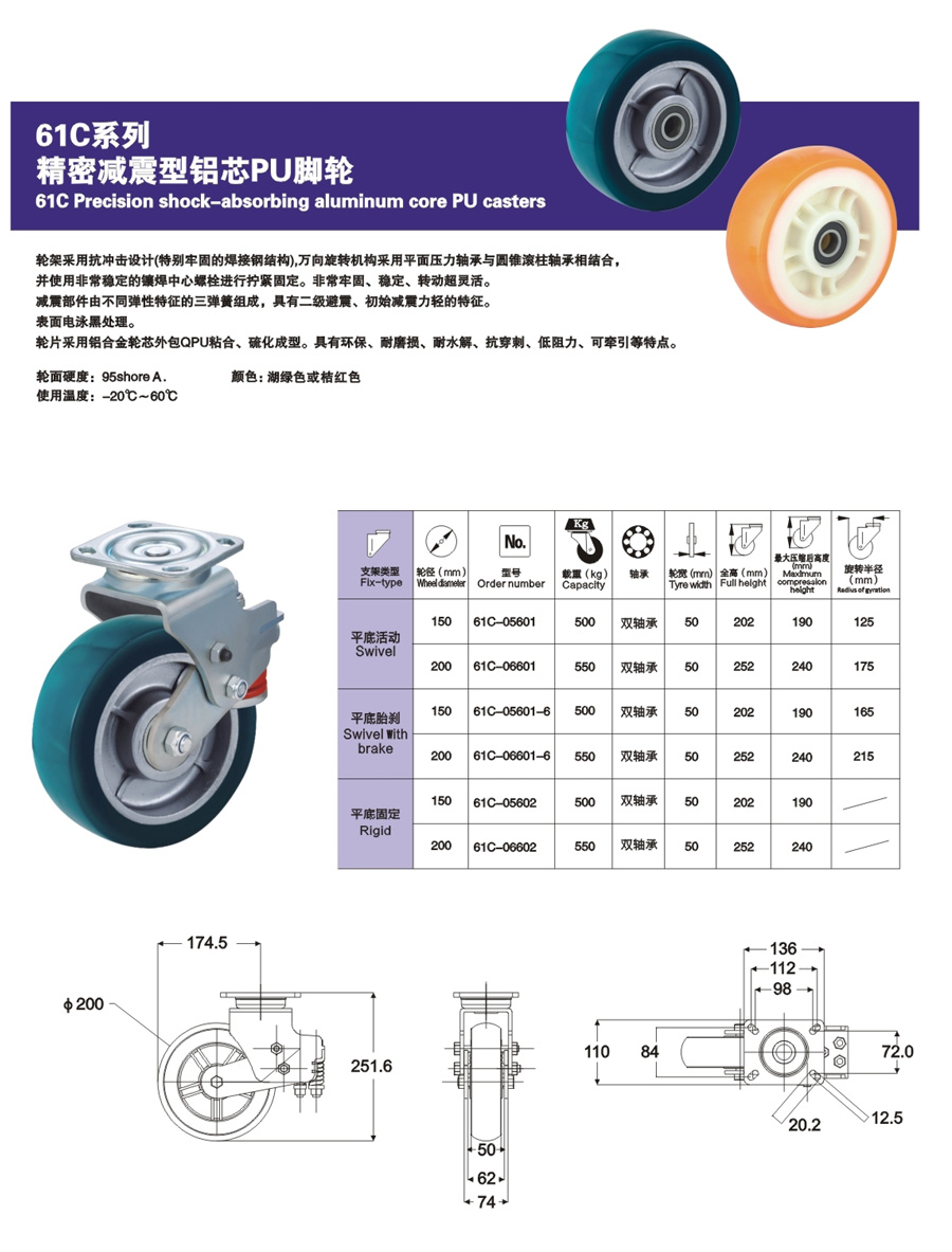 精密减震型铝芯PU脚轮