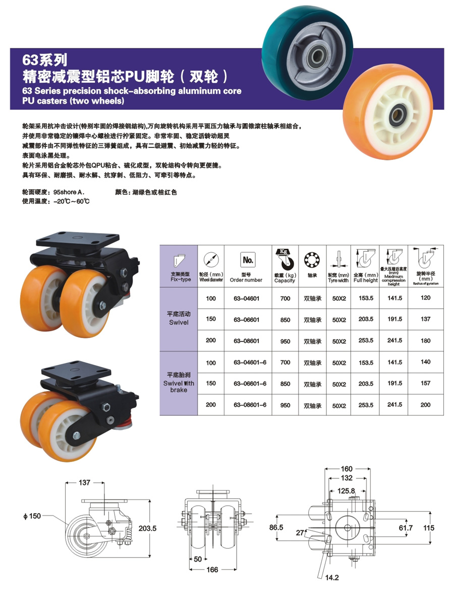 精密减震型铝芯PU脚轮（双轮）